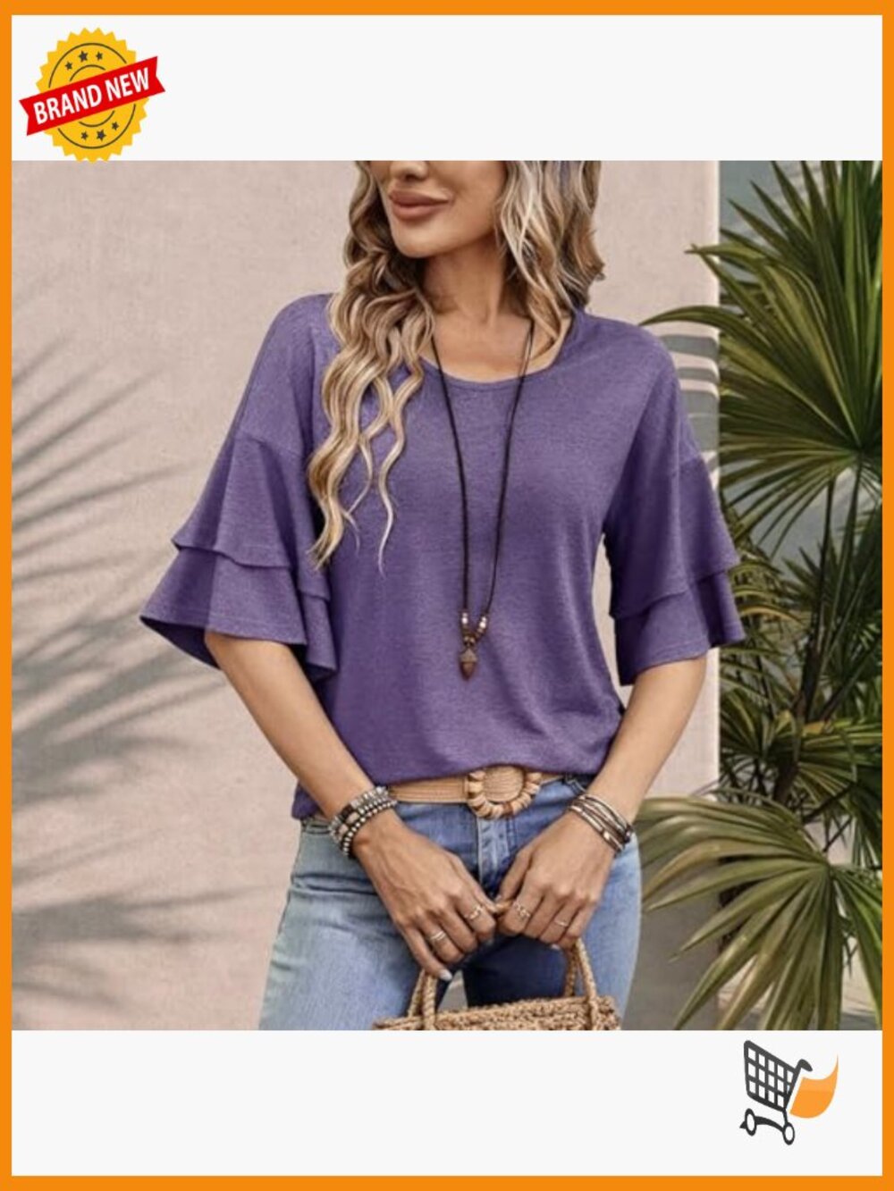 Ruffled 3/4 Bell Sleeve Crew Neck Tunic Top Loose Fit T-Shirt Blouse - Picture 7 of 7